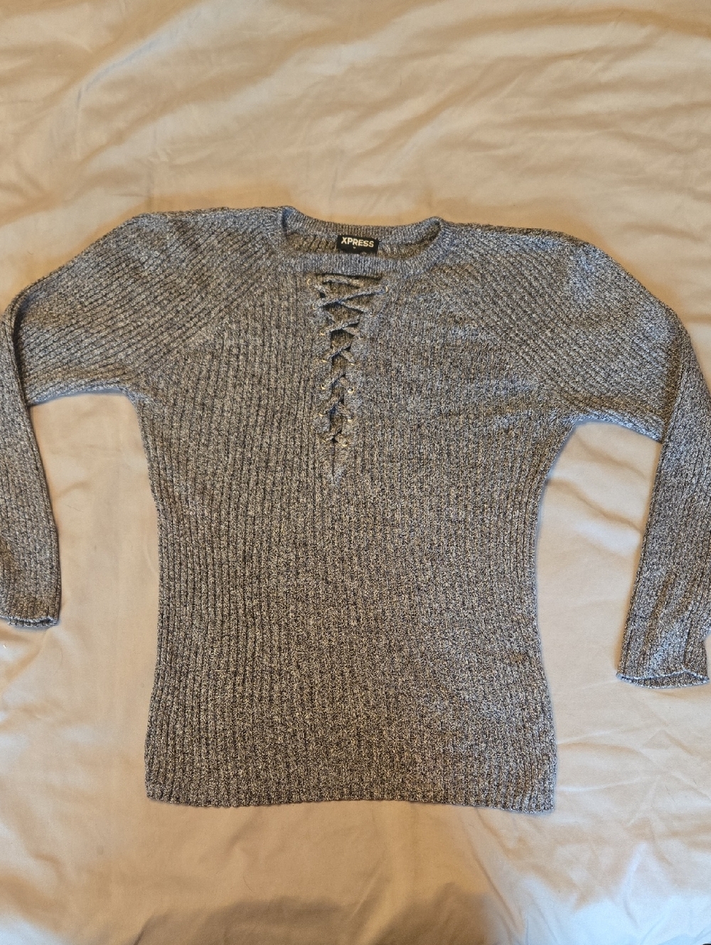 Express Gray Ribbed Lace-Up Crewneck Sweater